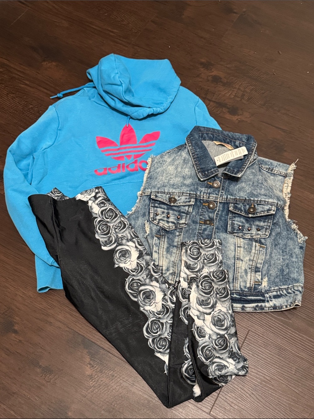 KIDS BUNDLE SET ADIDAS HOODIE SWEATSHIRT DENIM VEST TEREZ LEGGINGS SZ L